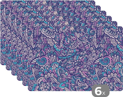 Placemat - Placemats kunststof - Paisley - Vintage - Roze - Blauw - Patroon - 45x30 cm - 6 stuks - Hittebestendig - Anti-Slip - Onderlegger - Afneembaar