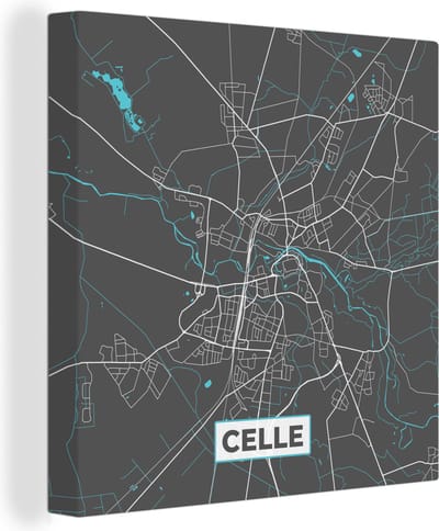 Canvas Schilderij Blauw – Duitsland – Plattegrond – Stadskaart – Kaart – Celle - 20x20 cm - Wanddecoratie