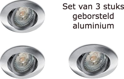 Inbouwspots geborsteld aluminium - Set van 3 stuks geborsteld aluminium met ledlamp 230 Volt - Led inbouwspot verstelbaar met dimbare ledlamp kleur 4000K - 230Volt inbouwspot met GU10 ledlamp 4000K.