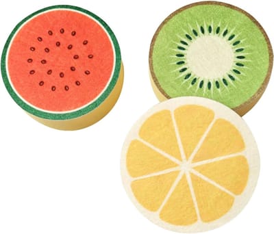Set van 3 Fruitpatroon Afwasponsen voor Keuken en Huishouden, Kleurrijke Schoonmaaktools voor Dagelijks Gebruik en Tafelgerei