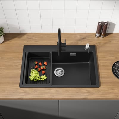 CECIPA max Granieten Spoelbak 70*45cm - Spoelbak Keuken Antraciet - Spoelbakken met afdruip - Enkele spoelbak Met Afdruiprek - Antraciet