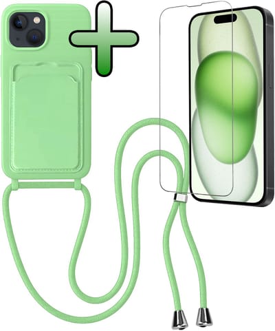 Hoes Geschikt voor iPhone 15 Plus Hoesje Pas Houder Case Hoes Met Koord Met Screenprotector - Hoesje Geschikt voor iPhone 15 Plus Hoes Met Telefoonkoord Pasjeshouder Cover - Groen