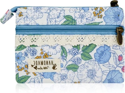 Vrouwelijke mini muntentas met 2 ritszakken, bloemenpatroon, katoen, ideaal voor kleingeld en munten, blauw, trendy en praktisch