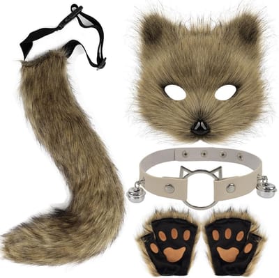 Furry Tail Mask en Handschoenen - Nepvacht Fox Masker en Staart voor Halloween en Cosplay Accessoire