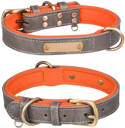 1 stuk Hondenhalsband, verkrijgbaar in verschillende maten en kleuren, echt, stevig, comfortabel, zachte binnenvoering met contrasterend kleurdesign, Grijs,L
