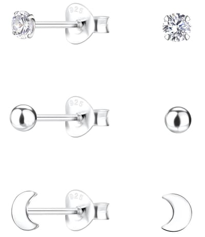 Joy|S - Zilveren oorbellen - set 3 paar - ronde oorbellen - maan oorbellen - zirkonia oorbellen - oorknopjes - sterling zilver 925