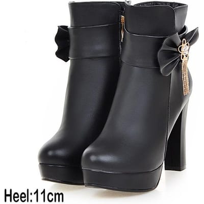 Zoete Dames Enkellaarsjes Strass Strik Zijrits Hoge Hak Enkellaarsjes Vrouwelijke Winter Pluche Laarzen 35 black