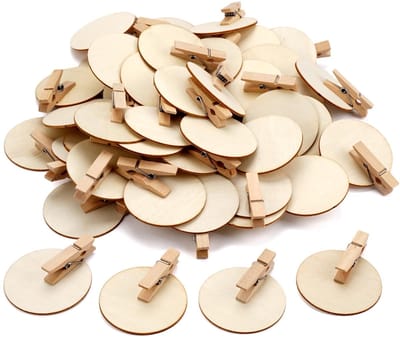 Dailygoods- Houten Klemmen 50 Stuks - 4,8 cm - Natuurlijk - Ronde Schijf - Knutselklemmen - Decoratieve Klemmen - Mini Klemmen voor Ansichtkaarten