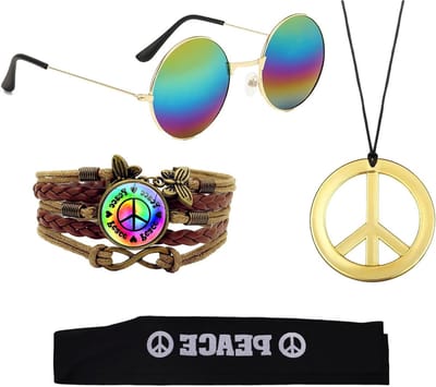 Hippie Kostuum Set 4 Delen met Vintage Zonnebril, Vredesteken Ketting en Armband voor Halloween en Feestjes