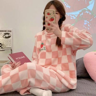 Verdikte Warme Flanel Plus Size Dames Pyjama Set Lange Mouwen Herfst en Winter Nachtkleding Dames Cartoon Beer Ruit Home Wear L