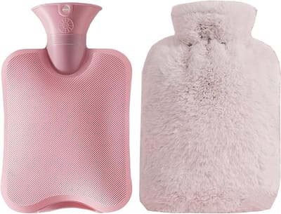 Grote warmwaterkruik van natuurlijk rubber, 2 liter, waterdicht en met zachte vacht voor langdurige warmte (roze)