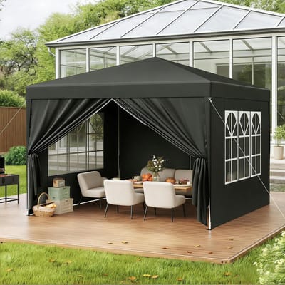 HAUSS SPOLE Partytent – 300 x 300 cm – Verstelbare Hoogte – Oxford Stof en Metaal – Grijs – Met Zijwanden voor Tuin en Evenementen