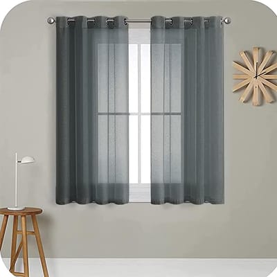 PolkaHome Transparant voilegordijn, 122 cm lang, 2 panelen, linnenlook, met zeilringen, voor slaapkamer, woonkamer, terrasdeur, 140 x 122 cm, antracietgrijs