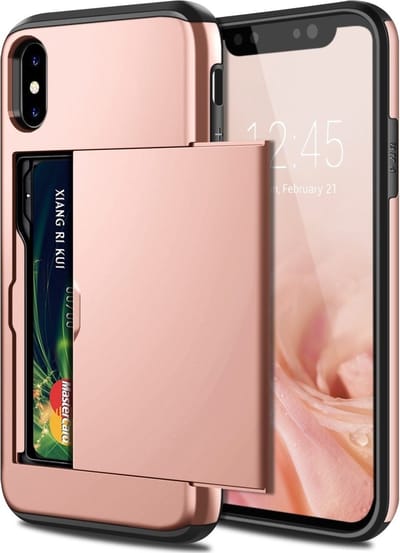 ShieldCase Kaarthouder case met slide geschikt voor Apple iPhone X / Xs - hoesje met ruimte voor pasjes - pasjeshouder - hardcase - rosé goud