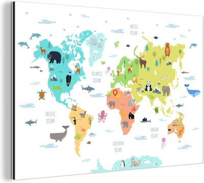 Wanddecoratie Metaal - Aluminium Schilderij Industrieel - Wereldkaart - Dieren - Kinderen - 120x80 cm - Dibond - Foto op aluminium - Industriële muurdecoratie - Voor de woonkamer/slaapkamer