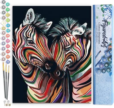 Figured'Art Schilderen op Nummer Volwassenen canvas Paar kleurrijke zebra's - Handwerk acrylverf Kit DIY Compleet - 40x50cm zonder frame