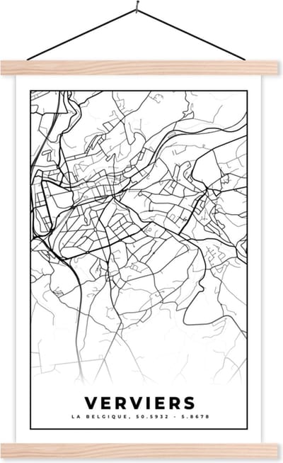 Posterhanger incl. Poster 40x60 cm - Schoolplaat - België – Verviers – Stadskaart – Kaart – Zwart Wit – Plattegrond - Textielposter - Blanke latten - Stadskaart