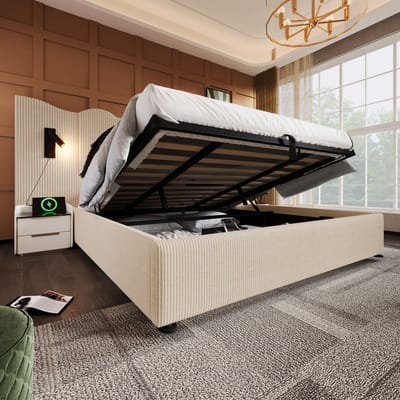 Gestoffeerd tweepersoonsbed 180x200 cm - leeslamp en USB Type-C oplaadfunctie, bedframe met opbergruimte en lattenbodem van massief hout en metaal, grijs, linnen (exclusief matras)
