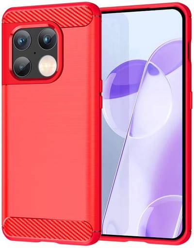 MobyDefend Hoesje - Geschikt voor OnePlus 10 Pro - TPU Backcover - Geborstelde Metaal & Carbon-Look - Rood