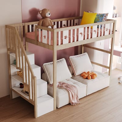 MODFU Hoogslaper 90x200 cm – Met Opbergtrap & Sterren-decor – Massief Hout – Naturel/Wit – Magisch Design met Maan & Sterren – Brede Trap – Max. 120 kg – Voor Kinderslaapkamer