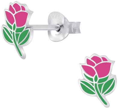 Joy|S - Zilveren bloem oorbellen - roze roosje