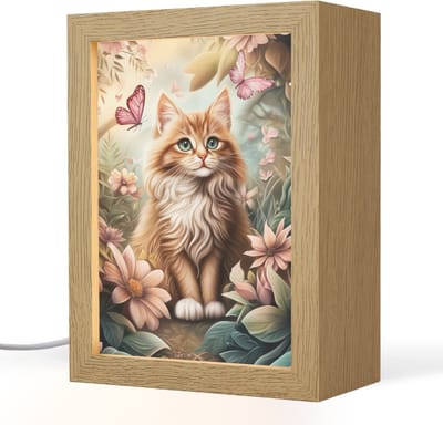 Nachtlampje 15x20 cm - Kinder lampje - Kat - Bloemen - Vlinders - Roze - Tafellamp kinderkamer - Slaapkamer lamp - Bedlamp kinderen - Kinderlampje stopcontact - Wandlamp babykamer - Nachtlampjes
