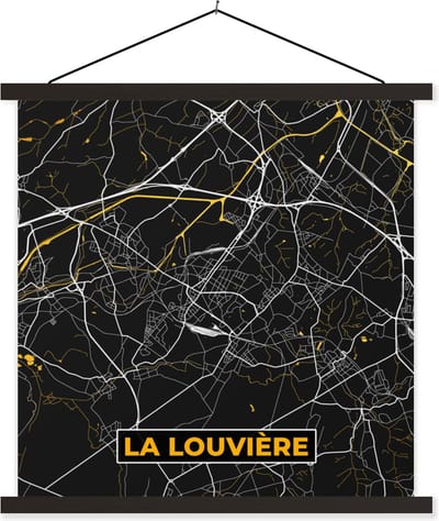 Posterhanger incl. Poster 60x60 cm - Schoolplaat - Kaart - Goud - La Louvière - Plattegrond - Stadskaart - Textielposter - Zwarte latten - Stadskaart