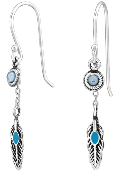 Joy|S - Zilveren veer bedel oorbellen - oorhangers - blauw opal - turquoise - geoxideerd -
