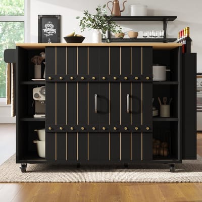 MODFU Keukeneiland - Met Schuifdeuren En Uitklapbaar Blad - Modern - MDF - Zwart - 110 X 42 X 90 Cm