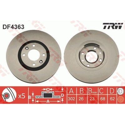 Remschijf TRW LUC DF4363 voorkant, geventileerd, sterk gecarboniseerd, 1 Stuk