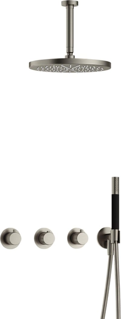 Hotbath Cobber X IBSX70 inbouw regendoucheset met staafhanddouche aan houder en 30cm ronde hoofddouche aan 15cm plafondarm geborsteld nikkel