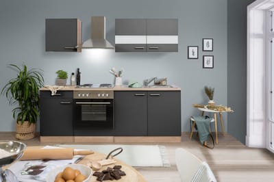 Goedkope keuken 210 cm - complete keuken met apparatuur Merle - Eiken/Grijs - soft close - elektrische kookplaat - afzuigkap - oven - spoelbak
