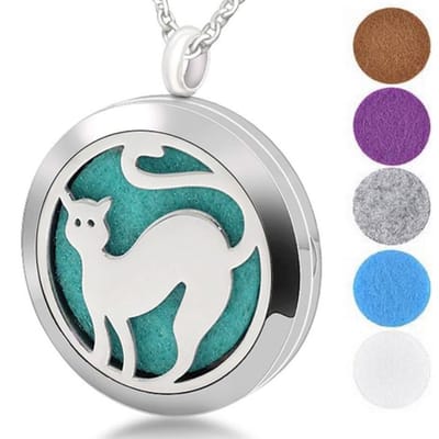 Geurketting Kat | Ketting 60CM met aroma therapie medaillon | Geur hanger RVS met kat 30mm - Ideaal bij parfumallergie