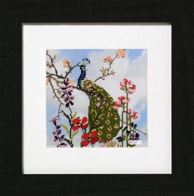 Pako Borduurpakket - telpatroon met codekaart - Pauw met bloemen - 280.030 - voorgesorteerd geren - Aida 5.5 gedeeltelijk geprint - 17 x 17 cm - DIY kit