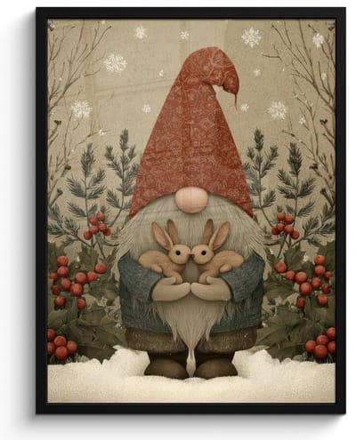 Poster in lijst - Fotolijst 60x80 cm - Posters - Kerstgnome - Konijntjes - Kleurrijk - Posterlijst zwart - Decoratie - Wanddecoratie woonkamer - Muurdecoratie slaapkamer - Kerstversiering - Kerstdecoratie voor binnen - Kerstmis