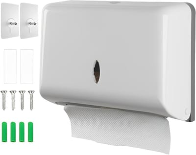 Muurbevestigde Papieren Handdoek Dispenser zonder Boren voor 250 tot 400 Vellen, Geschikt voor Vouwhanddoeken, Wit en Praktisch Design