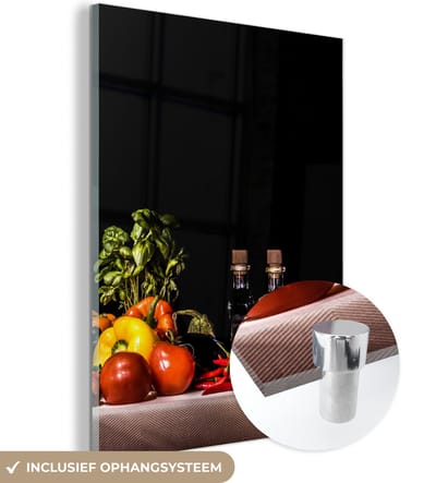 MuchoWow® Glasschilderij 60x80 cm - Schilderij acrylglas - Stilleven - Eten - Drinken - Fruit - Zwart - Foto op glas - Muurdecoratie woonkamer - Wanddecoratie slaapkamer - Schilderijen