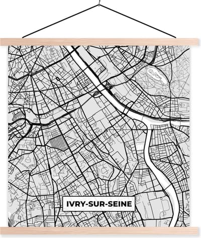 Posterhanger incl. Poster 40x40 cm - Schoolplaat - Plattegrond - Ivry-sur-Seine - Stadskaart - Kaart - Frankrijk - Textielposter - Blanke latten - Stadskaart