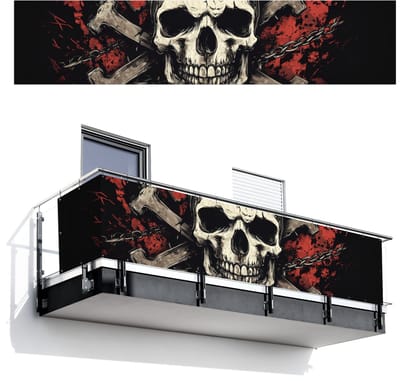 Balkonscherm 500x110 cm - Balkonposter Schedel - Kettingen - Rood - Balkon scherm decoratie - Balkonschermen - Balkondoek zonnescherm