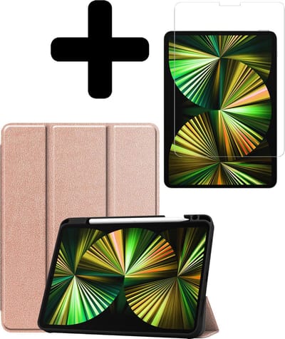 Hoesje - Geschikt voor Apple iPad Pro (2021) - 12.9 inch - Met Screenprotector - Trifold Bookcase Hoes - Hard Cover Case - Met Uitsparing Geschikt voor Apple Pencil - Hardcover Book - Tablethoes - Rosé goud