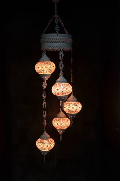 Hanglamp multicolour roze glas mozaïek 5 bollen Turkse Oosterse Crèmewit Marokkaanse kroonluchter