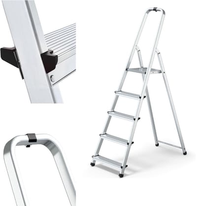 Thuys – Huishoudtrap 5 Treden – Keukentrap – Draagvermogen 125 kg – 25 x 1 x 26cm – Zilver