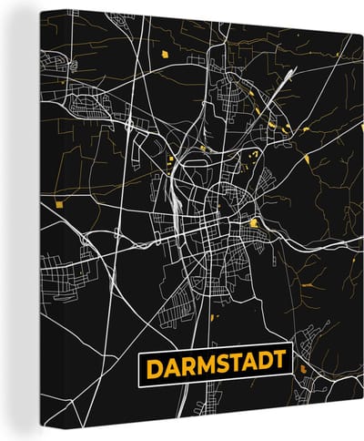 Canvas Schilderij Duitsland – Black and Gold – Darmstadt – Stadskaart – Kaart – Plattegrond - 20x20 cm - Wanddecoratie