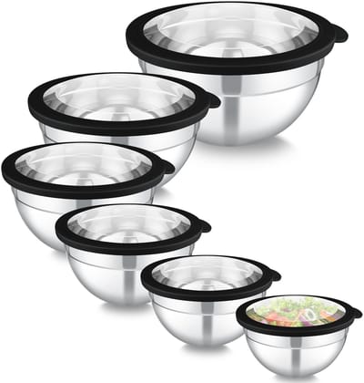 Dailygoods - Homikit 6-delig roerschaalset, roestvrijstalen schaal slakom met transparant deksel voor serveren, koken, bakken, schaalset 4,5 l/2,8 l/2,5 l/1,6 l/1,2 l/0,7 l, stapelbaar & vaatwasmachinebestendig