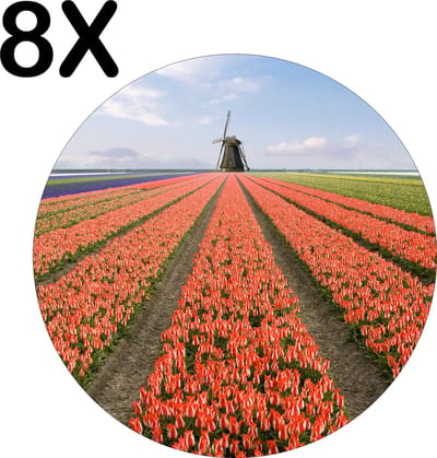 Luxe Ronde Placemat - Tulpenveld met Molen in de Verte - Set van 8 Placemats - 50x50 cm - 2 mm dik Vinyl - Anti Slip - Afneembaar