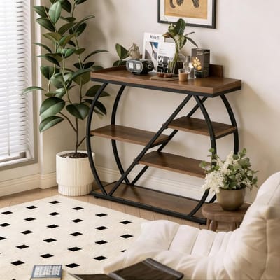 Tribesigns Consoletafel met 5 niveaus - Bruin - industriële Consoletafel - opbergplanken en gebogen metalen frame - 105 x 30 x 80 cm - Console Tafel voor Hal, Woonkamer, Entree