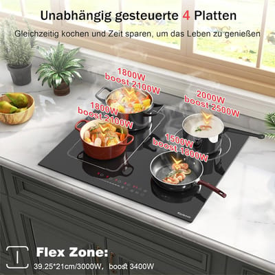 Inductie kookplaat - 4 pits kookplaat - Snel koken - Flexibele zone - 60 cm - Zwart