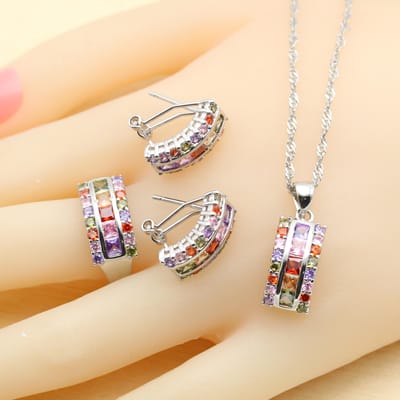 Ensembles de Bijoux Zirconia Multicolore Scintillants Pour Femmes Boucles d'Oreilles de Mariage Bracelet Bagues Collier Pendentif Meilleur Cadeau de Fête 6 beige