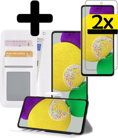 Hoesje - Met 2x Screenprotector - Geschikt voor Samsung Galaxy A52s 5G - Luxe Pasjeshouder - Bookcase Portemonee - Flip Case - Kunstleer Book Case - Flipcase Hoes - Book Cover - Walletcase - Portemonneehoes - Telefoonhoesjes - Wit