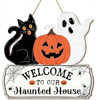 QTTVBTNA - Houten Halloween Deurhanger - Halloween Versiering - Welkomstbord - Voor voordeur & muurdecoratie - Halloween Feestdecoratie - 30x30cm - 1 stuk